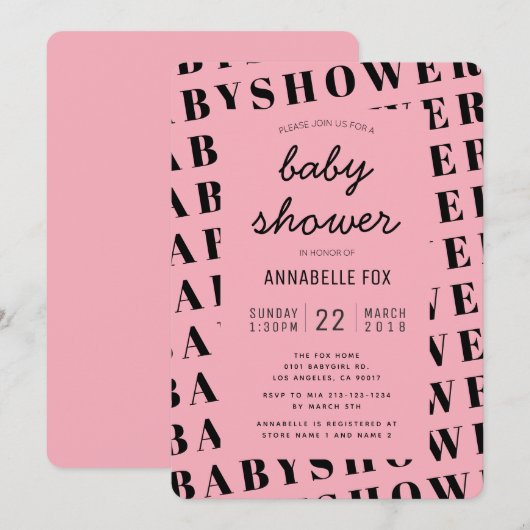 Roze Zwart Trendy Modern Baby shower Uitnodiging (Voorkant / Achterkant)