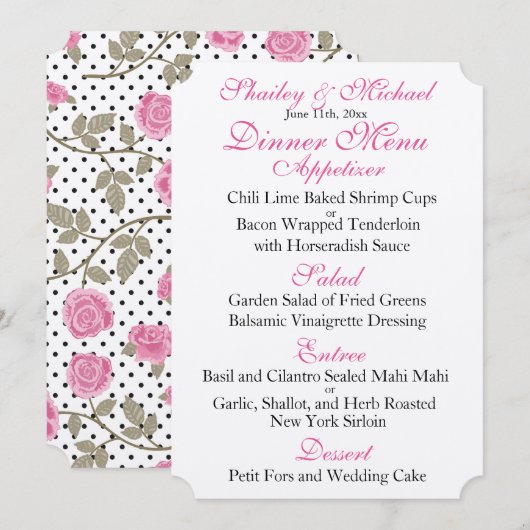 Roze/Zwart  TROUWONTVANGST MENU Kaart (Voorkant / Achterkant)