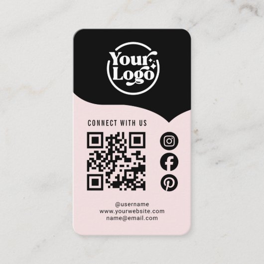 Roze Zwart Verbind Met Ons QR Code 3 Social Media Visitekaartje (Voorkant)