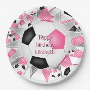 Roze Zwart Voetbal Blowout Sport Verjaardag Papieren Bordje