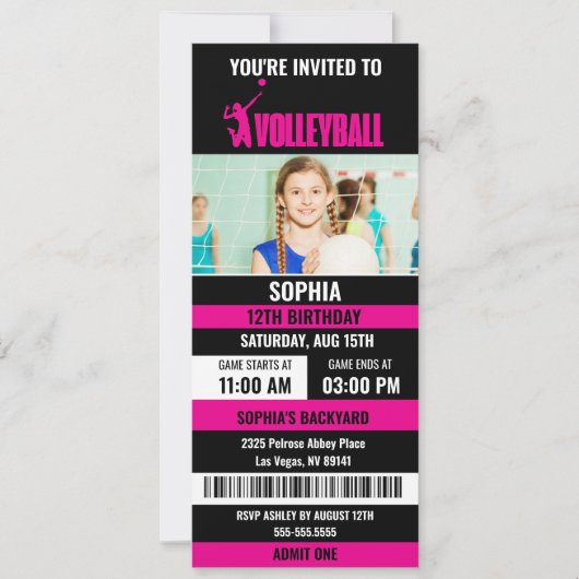 Roze Zwart Volleybal Ticket Verjaardagsfoto Kaart (Voorkant)