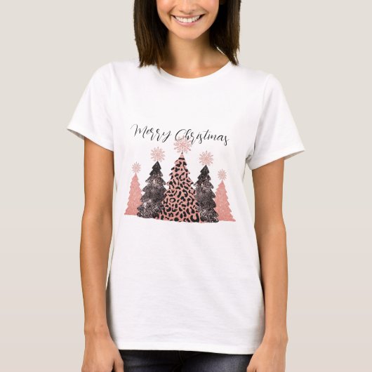  Roze Zwart Vrolijke Kerstbomen Vakantie T-shirt (Voorkant)