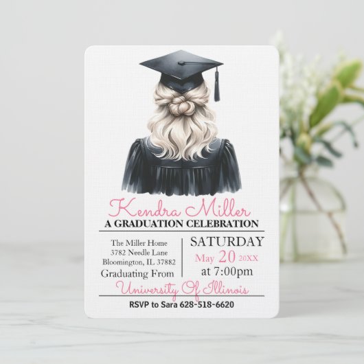 Roze & Zwart Waterverf Afstuderen Uitnodiging (Staand voorkant)