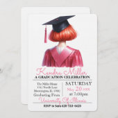 Roze & Zwart Waterverf Afstuderen Uitnodiging (Voorkant / Achterkant)