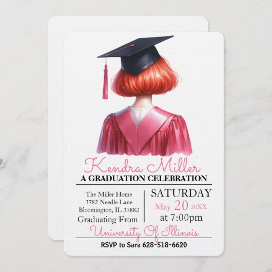 Roze & Zwart Waterverf Afstuderen Uitnodiging (Voorkant / Achterkant)