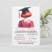 Roze & Zwart Waterverf Afstuderen Uitnodiging (Staand voorkant)