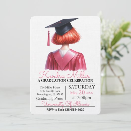 Roze & Zwart Waterverf Afstuderen Uitnodiging (Staand voorkant)