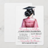 Roze & Zwart Waterverf Afstuderen Uitnodiging (Voorkant / Achterkant)