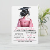 Roze & Zwart Waterverf Afstuderen Uitnodiging (Staand voorkant)