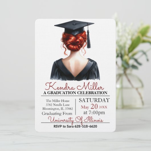 Roze & Zwart Waterverf Afstuderen Uitnodiging (Staand voorkant)