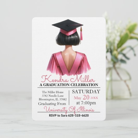 Roze & Zwart Waterverf Afstuderen Uitnodiging (Staand voorkant)