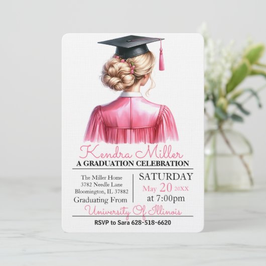 Roze & Zwart Waterverf Afstuderen Uitnodiging (Staand voorkant)
