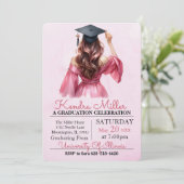 Roze & Zwart Waterverf Afstuderen Uitnodiging (Staand voorkant)