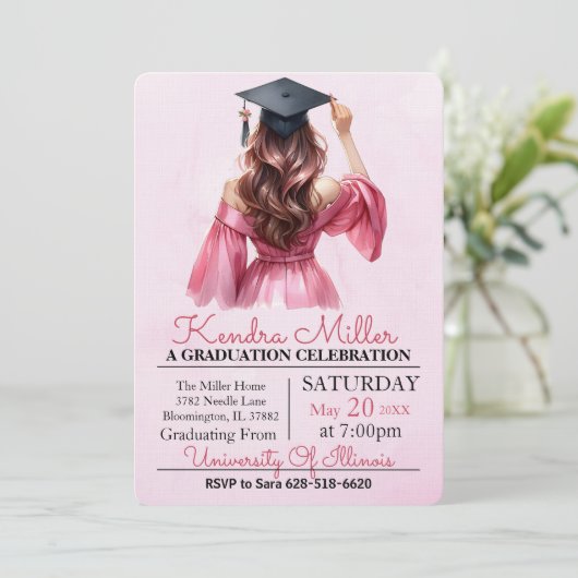 Roze & Zwart Waterverf Afstuderen Uitnodiging (Staand voorkant)