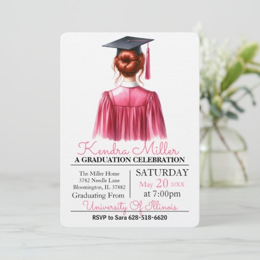 Roze & Zwart Waterverf Afstuderen Uitnodiging (Staand voorkant)