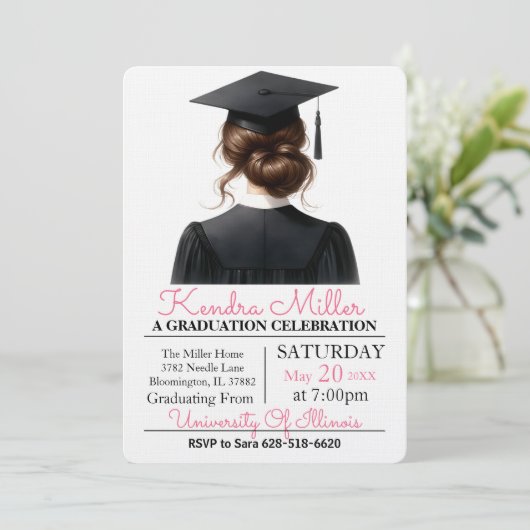 Roze & Zwart Waterverf Afstuderen Uitnodiging (Staand voorkant)