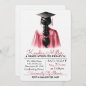 Roze & Zwart Waterverf Afstuderen Uitnodiging (Voorkant / Achterkant)