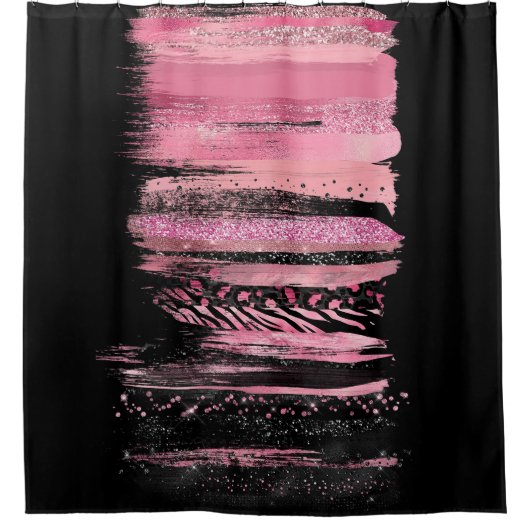 Roze Zwart Waterverf Glitter Folie Paint Strokes Douchegordijn (Voorkant)