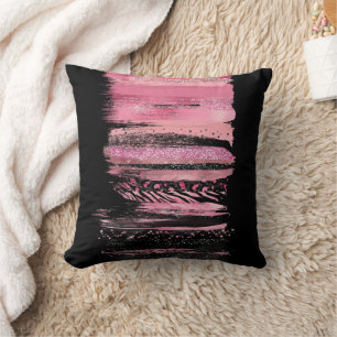 Roze Zwart Waterverf Glitter Folie Paint Strokes Kussen