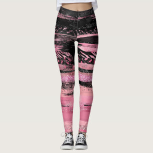 Roze Zwart Waterverf Glitter Folie Paint Strokes Leggings