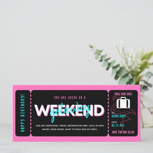Roze Zwart Weekend Getaway Cadeaubon Ticket (Staand voorkant)
