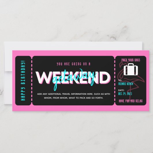 Roze Zwart Weekend Getaway Cadeaubon Ticket (Voorkant)