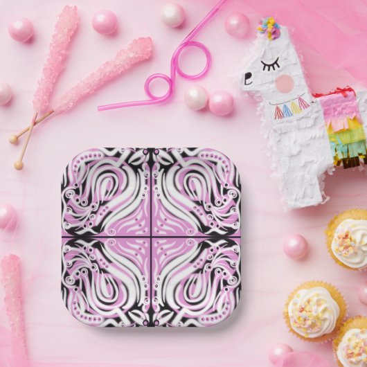 Roze zwart wit Abstract patroon Papieren Bordje (Feest)