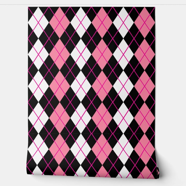Roze Zwart Wit Argyle Diamond Design Behang (Afrollen)