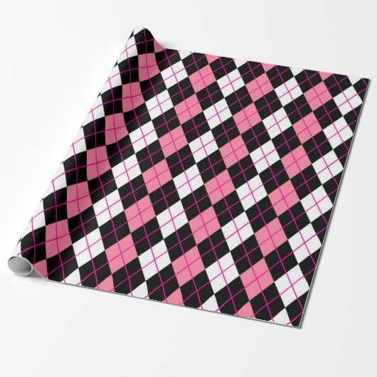 Roze Zwart Wit Argyle Diamond Design Cadeaupapier (Uitgerold)