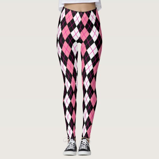 Roze Zwart Wit Argyle Diamond Design Leggings (Voorkant)