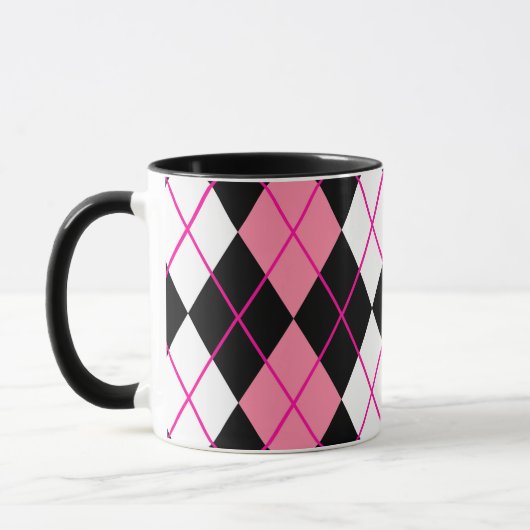 Roze Zwart Wit Argyle Diamond Design Mok (Links)