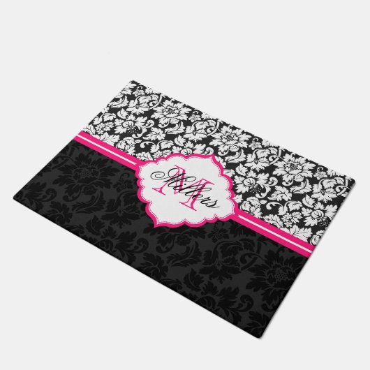 Roze zwart-wit bloemdamast deurmat (Schuin)