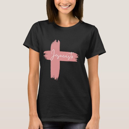 Roze zwart wit Cross Jesucristo T-shirt (Voorkant)