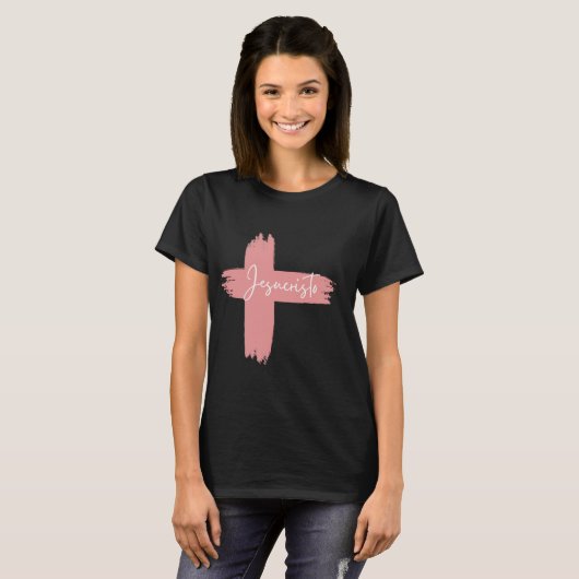 Roze zwart wit Cross Jesucristo T-shirt (Voorkant volledig)