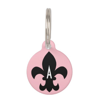 Roze Zwart-wit Fleur de Lis Monogram Huisdierpenning