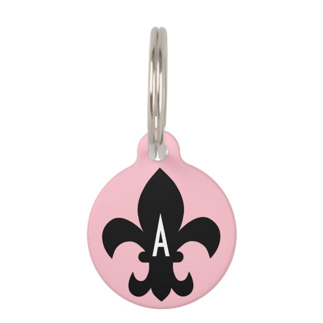 Roze Zwart-wit Fleur de Lis Monogram Huisdierpenning (Voorkant)