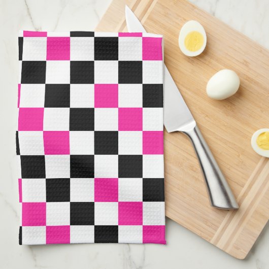 Roze Zwart Wit Geruit Patroonontwerp Theedoek (Quarter Fold)