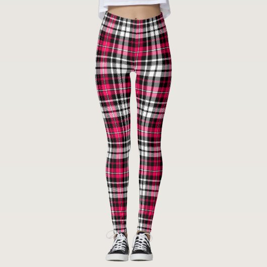 Roze Zwart Wit Geruit Schotse Ruit Leggings (Voorkant)