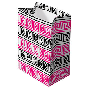 Roze Zwart Wit Grieks Sleutel Fret Patroon Ontwerp Medium Cadeauzakje