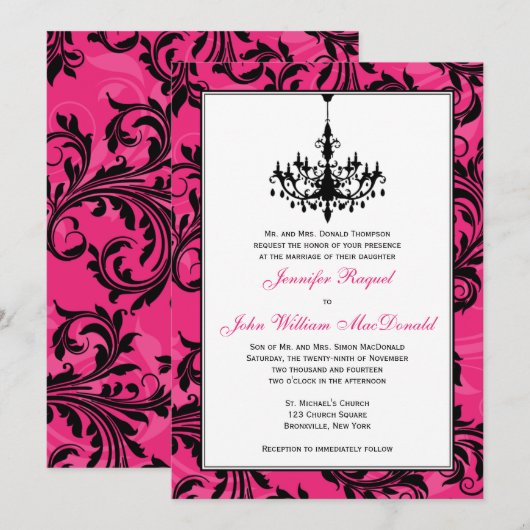 Roze Zwart Wit Kroonluchter Scrolls Bruiloft Uitno Kaart (Voorkant / Achterkant)