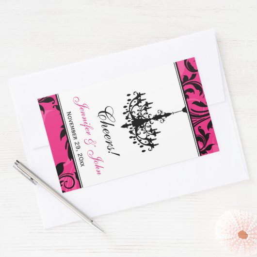 Roze Zwart Wit Kroonluchter Wijnfles Sticker (Envelop)