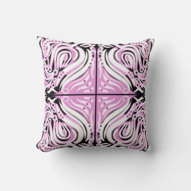 Roze Zwart Wit Krullend Abstract Patroon  Kussen (Voorkant)