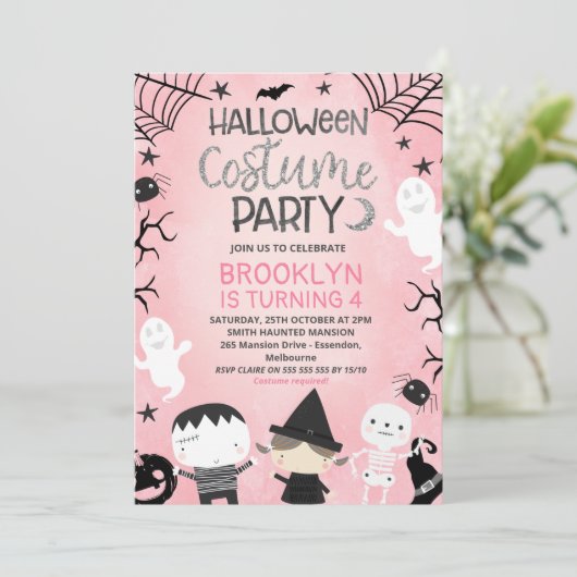 Roze Zwart Wit Meisjes Halloween Party Verjaardag Kaart (Staand voorkant)
