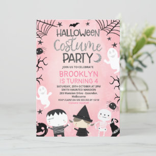 Roze Zwart Wit Meisjes Halloween Party Verjaardag Kaart