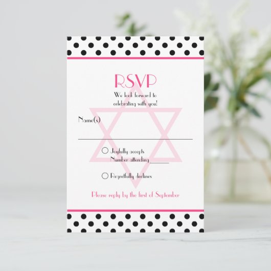 Roze Zwart Wit Polka Dot Bat Mitzvah Reageer Kaart (Staand voorkant)
