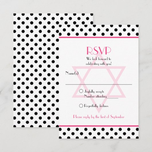 Roze Zwart Wit Polka Dot Bat Mitzvah Reageer Kaart (Voorkant / Achterkant)