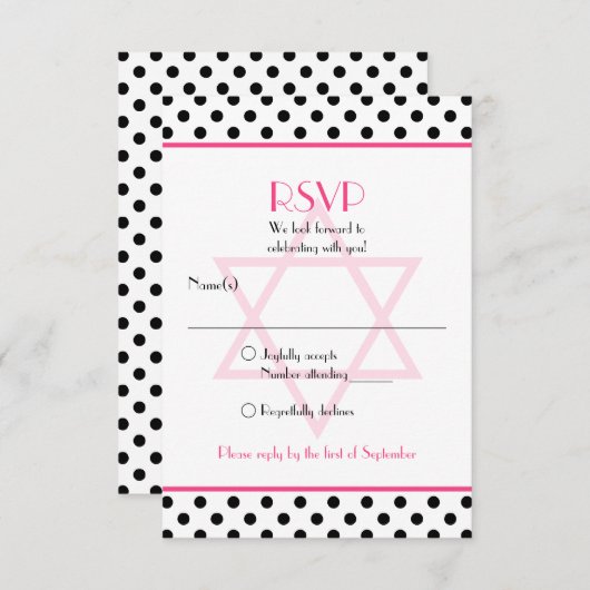 Roze Zwart Wit Polka Dot Bat Mitzvah Reageer Kaart (Voorkant / Achterkant)