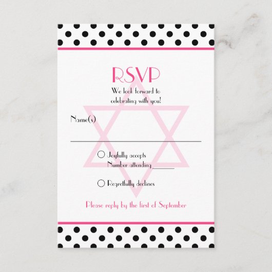 Roze Zwart Wit Polka Dot Bat Mitzvah Reageer Kaart (Voorkant)