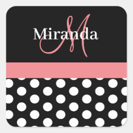 Roze Zwart Wit Polka Dot Monogram Vierkante Sticke Sticker