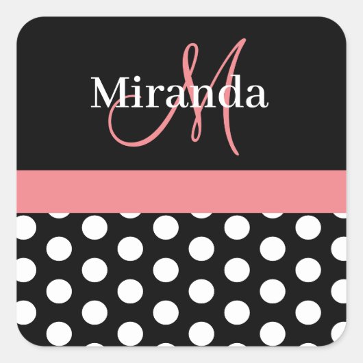 Roze Zwart Wit Polka Dot Monogram Vierkante Sticke Sticker (Voorkant)
